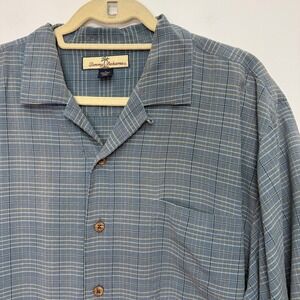 Tommy Bahama Mens Hawaiian Silk Short Sleeve Button Down Shirt Plaid Blue Size L